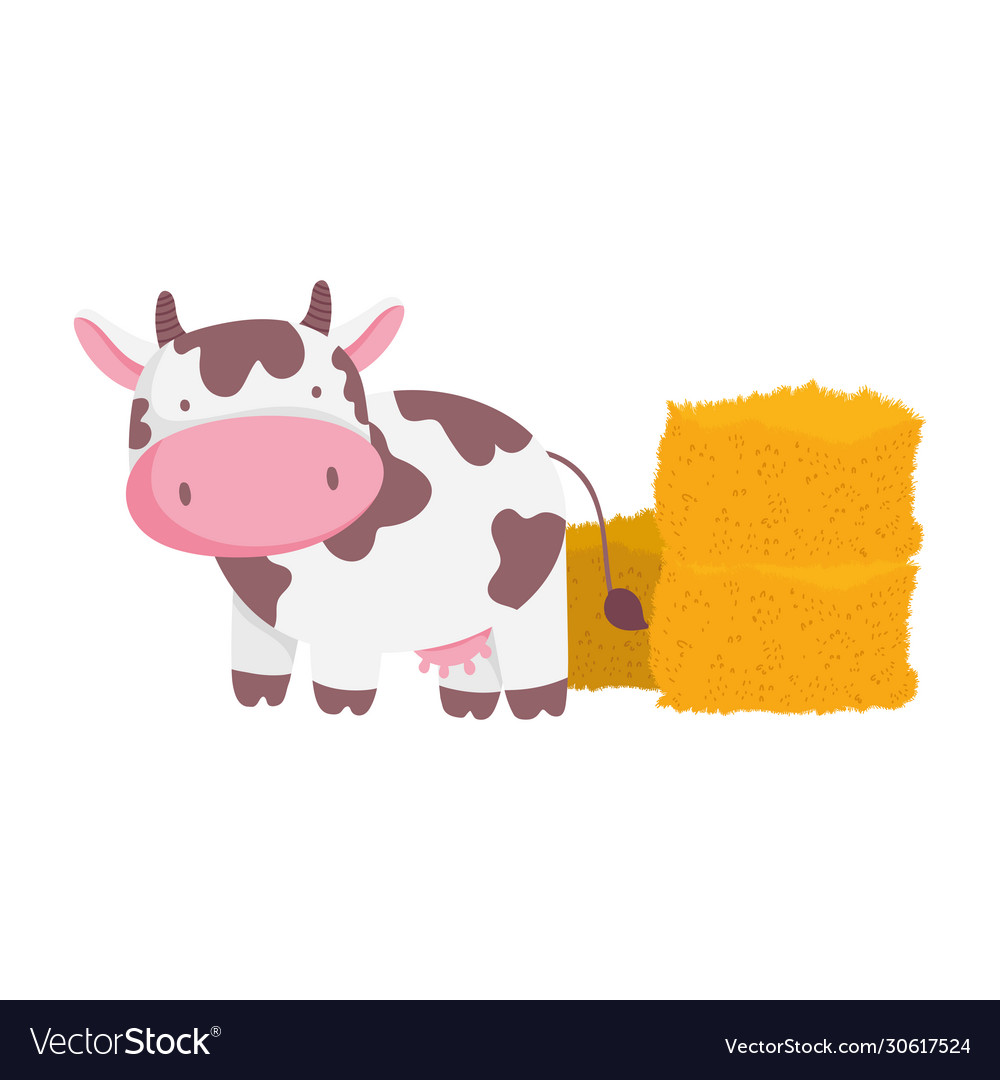 Farm animals cartoon cow and stack hay cartoon Vector Image