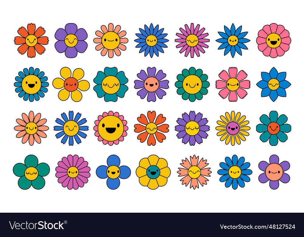 Groovy cartoon flower hippy daisy faces retro Vector Image