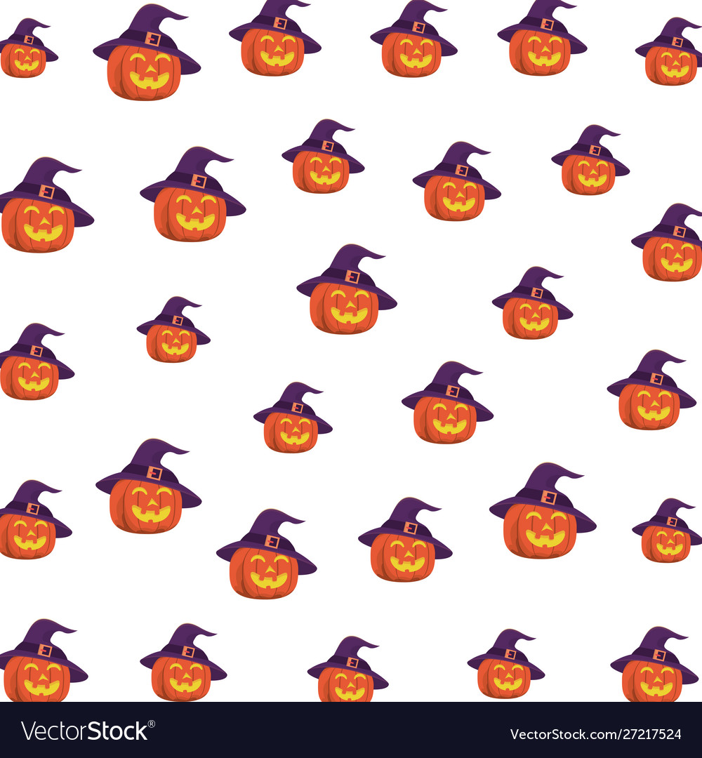 Halloween pumpkins with faces and witch hats