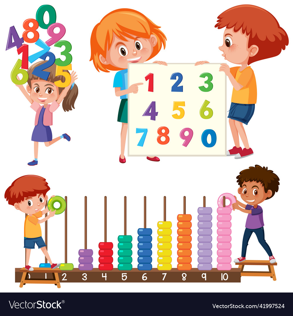 Math classroom objects with supplies and students vector image Math classroom objects with supplies and students