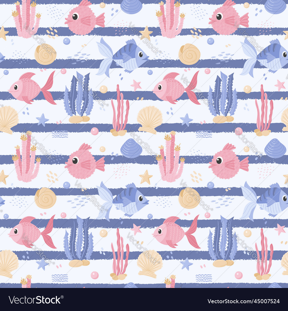 Seamless pattern with different fish algae vector image Seamless pattern with different fish algae