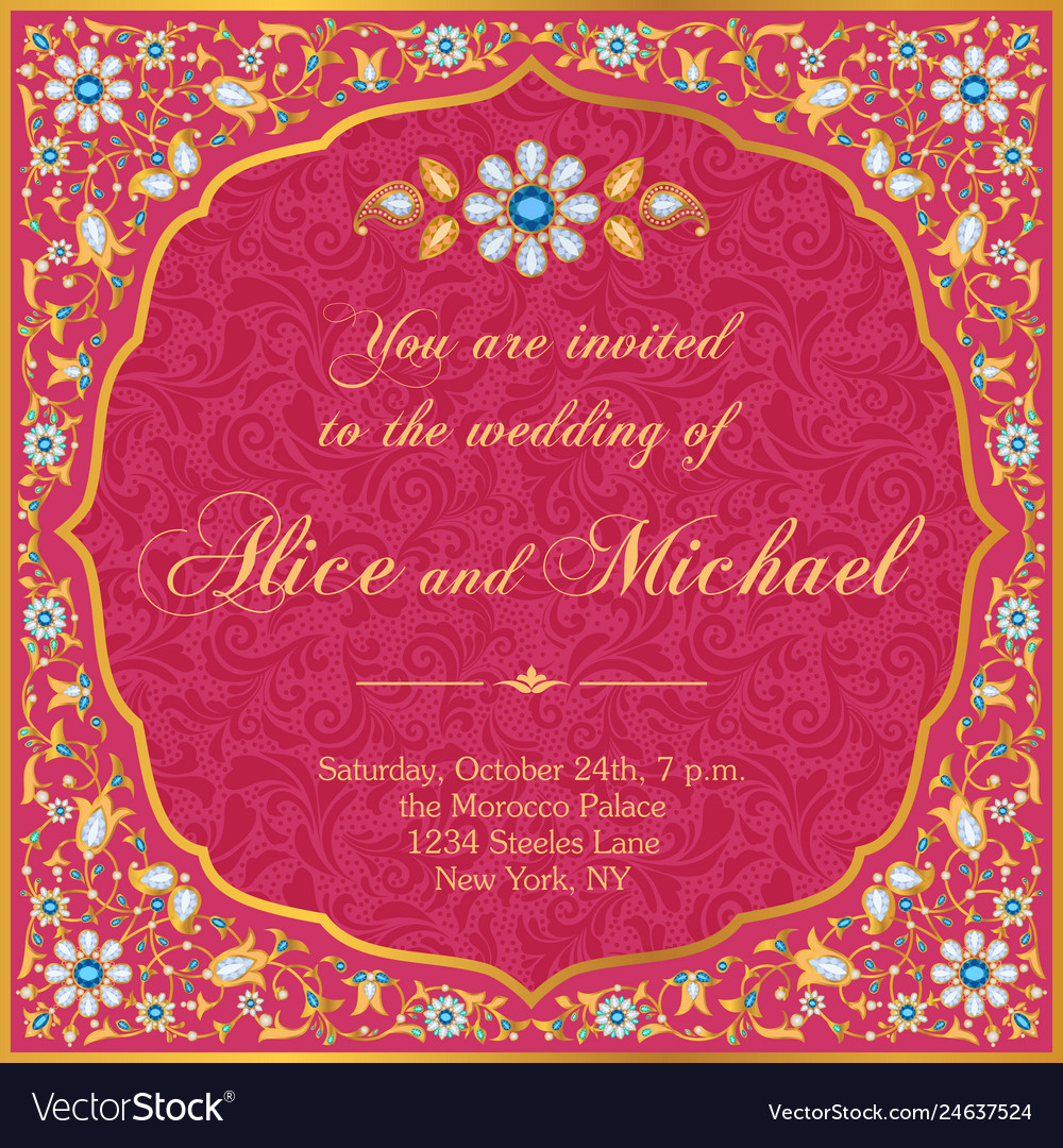 Wedding invitation in gold and red Royalty Free Vector Image