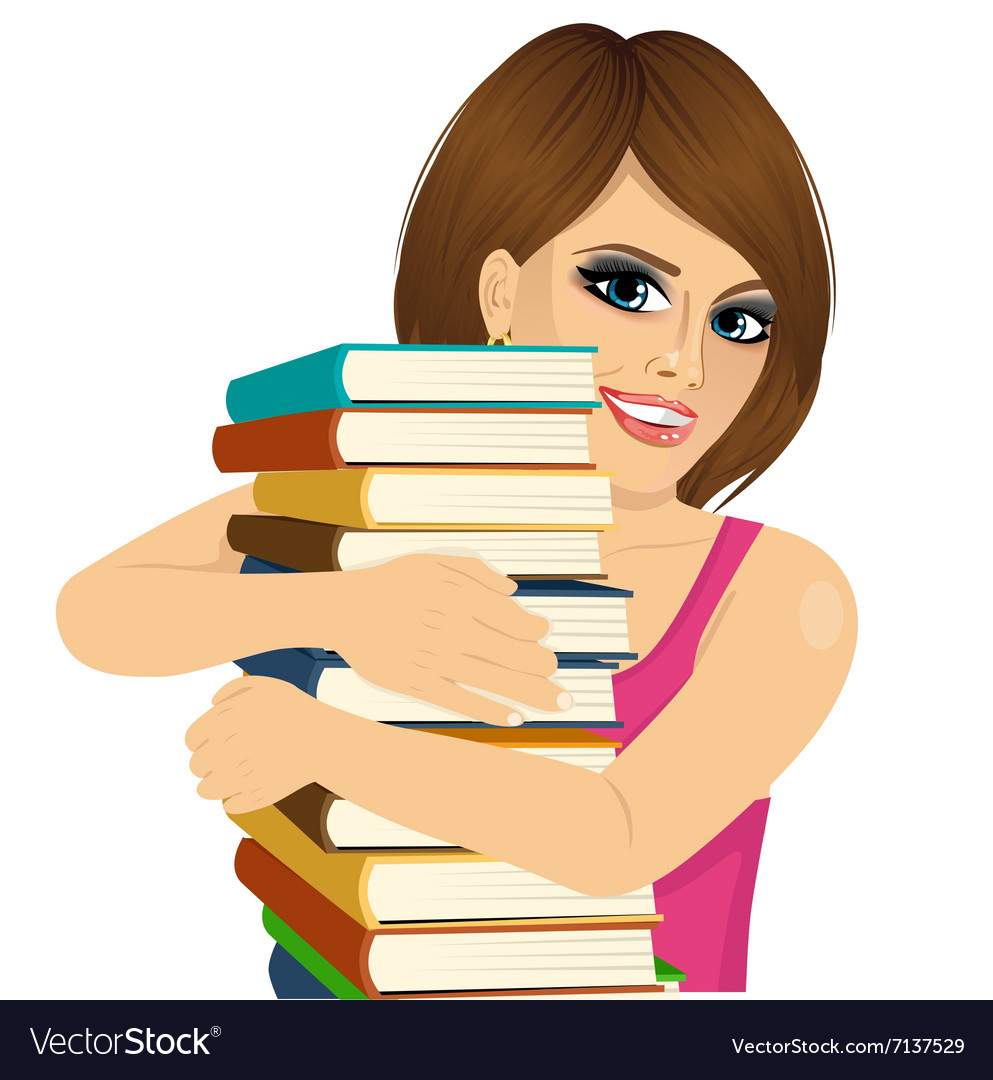 Attractive woman hugging stack of books happily