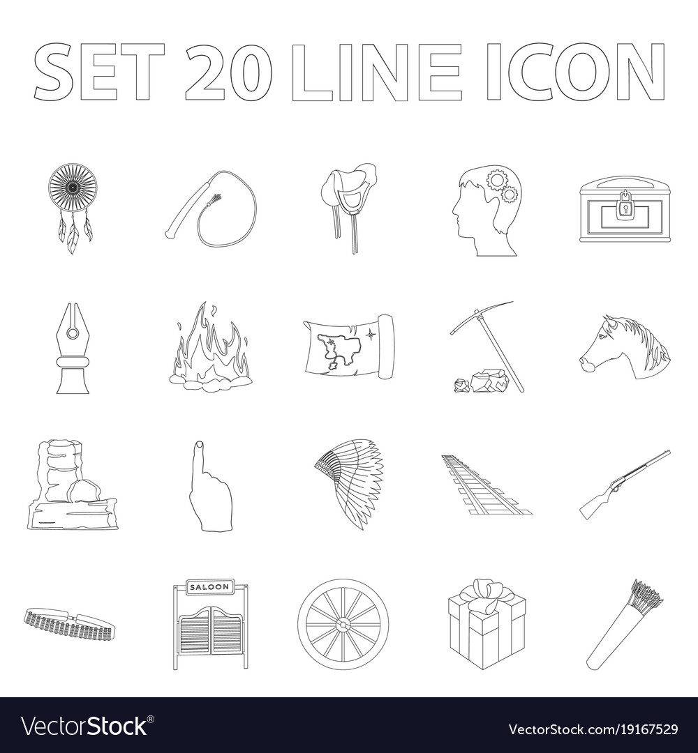Attributes of the wild west outline icons in set Vector Image