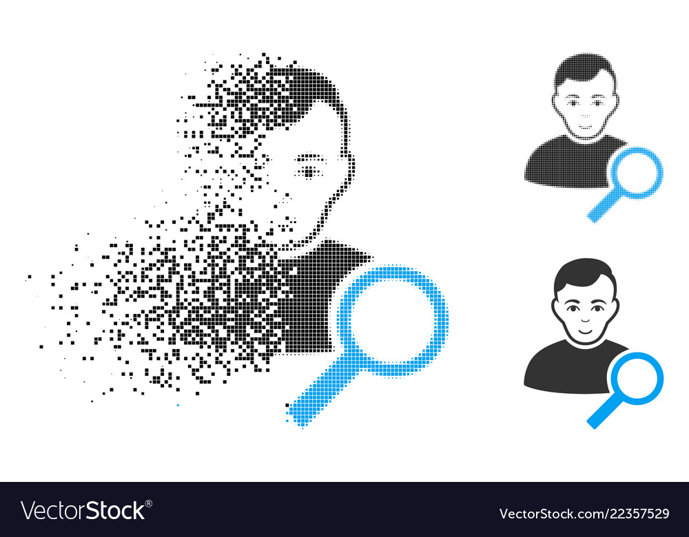 Broken dot halftone user search icon with face vector image Broken dot halftone user search icon with face