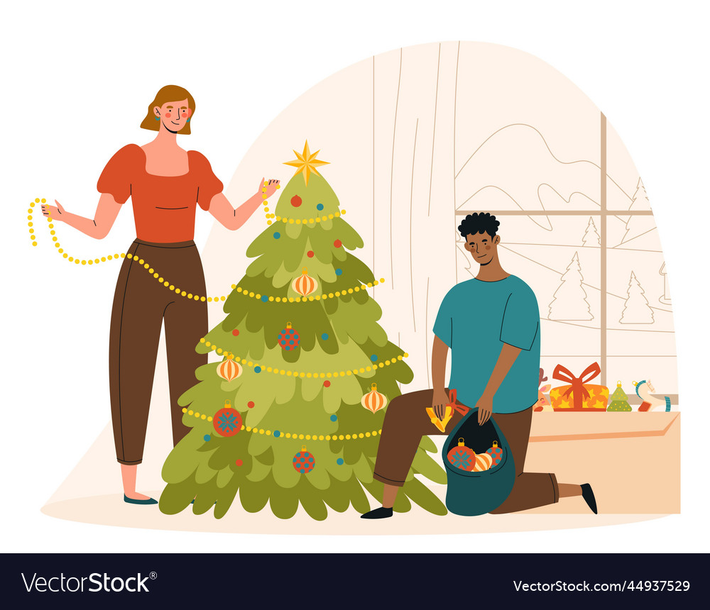 Family Decorating Christmas Tree Royalty Free Vector Image