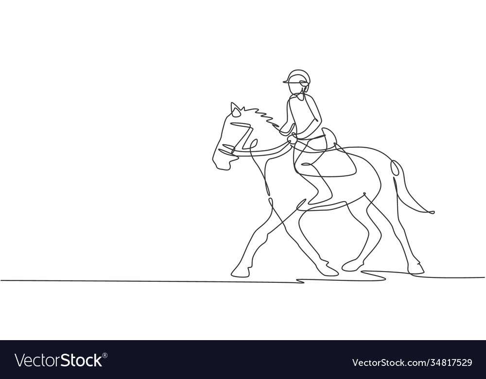 One continuous line drawing young horse rider Vector Image