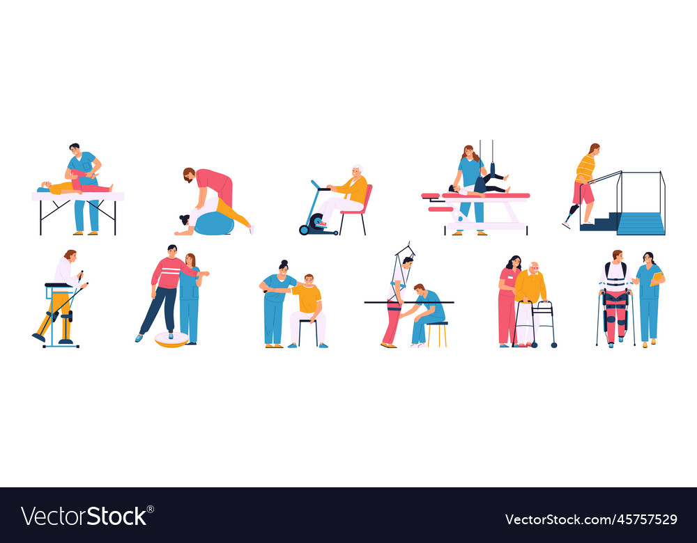 Physiotherapy rehabilitation flat set Royalty Free Vector