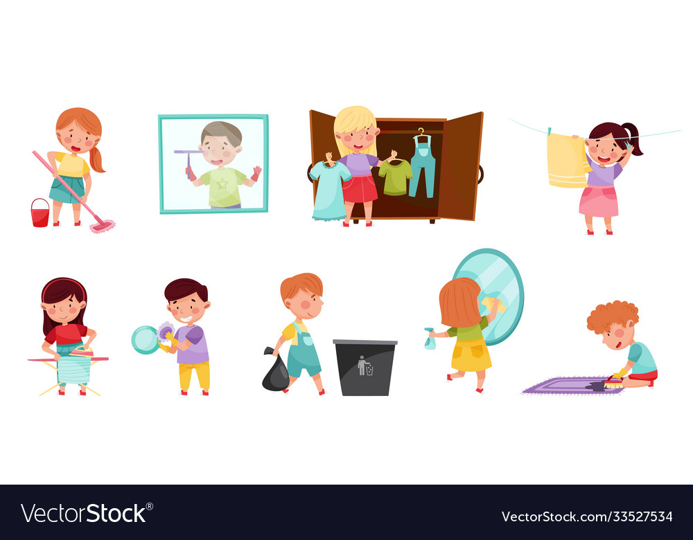 Kid characters cleaning room and doing household Vector Image