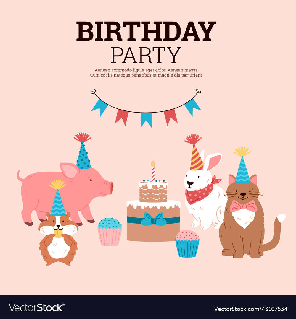 Pet birthday party card flat style Royalty Free Vector Image