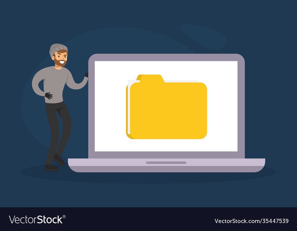 Burglar hacking computer and stealing personal vector image Burglar hacking computer and stealing personal