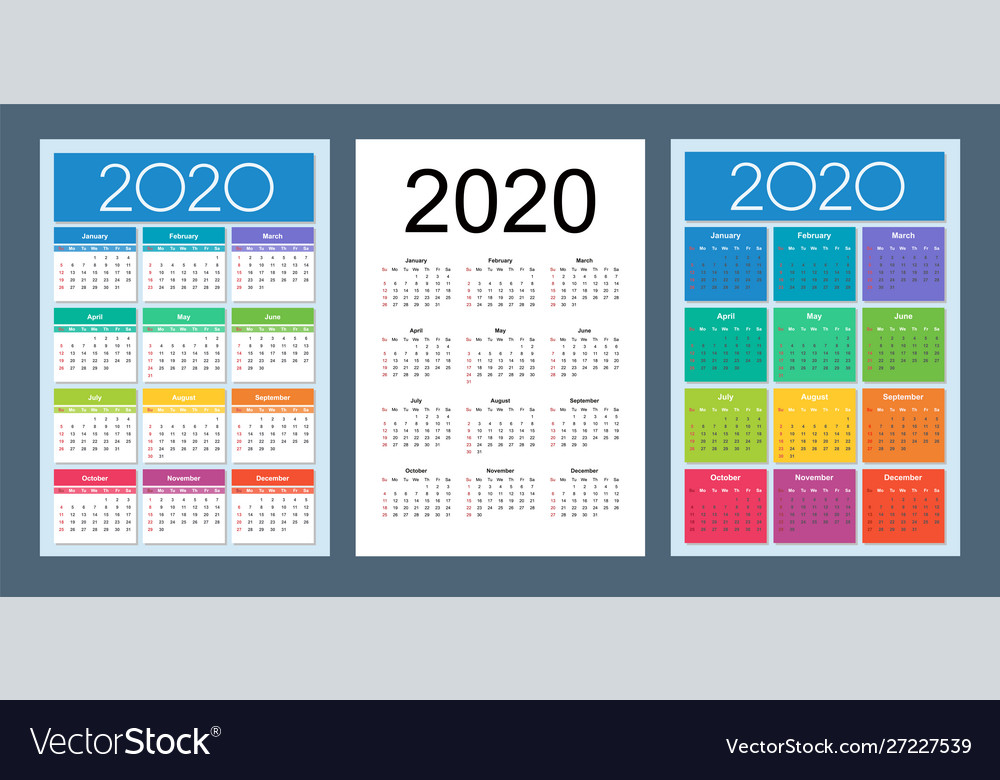 Calendar 2020 year colorful english set Royalty Free Vector