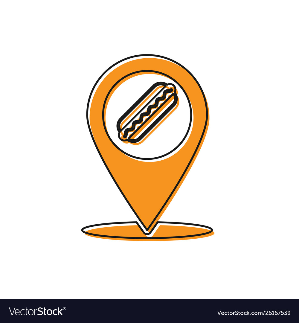 Orange map pointer with fast food hotdog icon