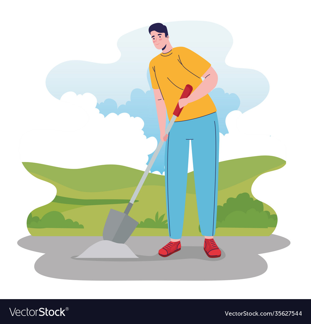 Builder constructor man with shovel working