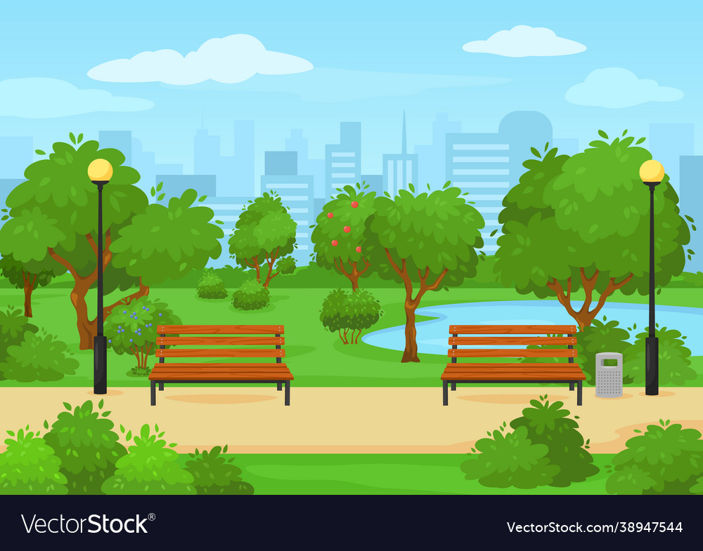 Cartoon public city park with green trees benches Vector Image