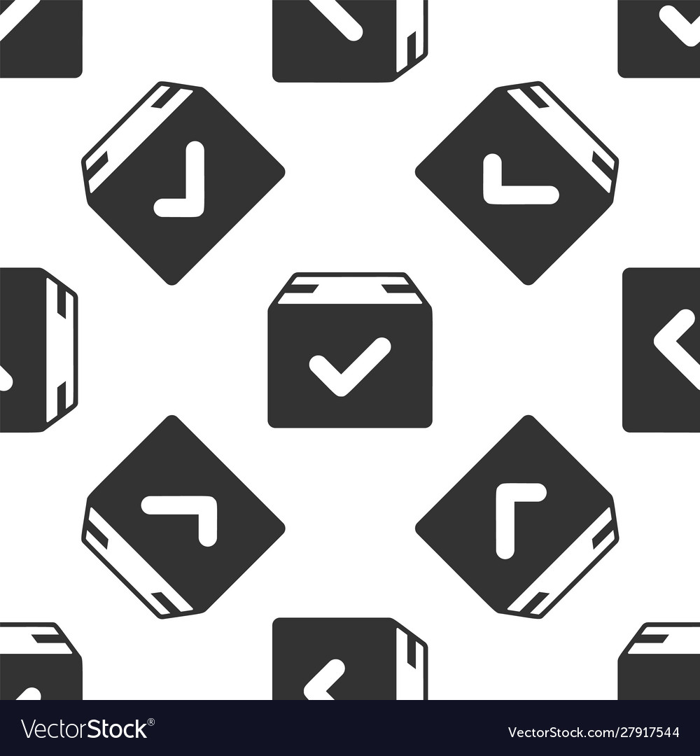 Grey package box with check mark icon isolated