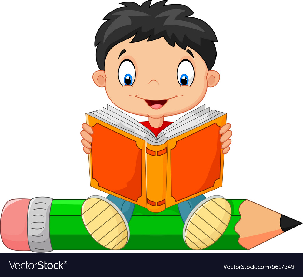 Cartoon little boy reading a book