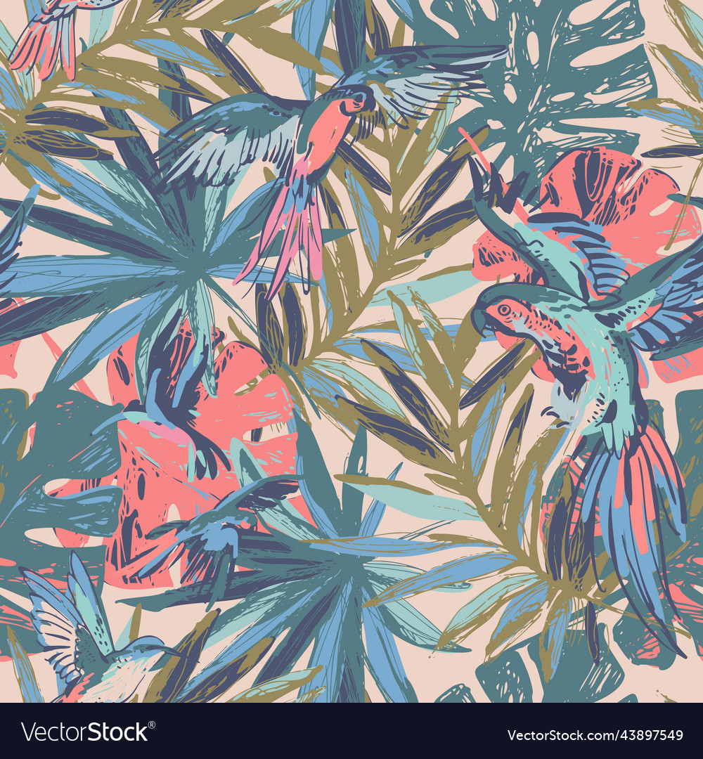 Flying exotic birds palm monstera leaves seamless