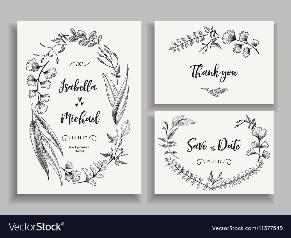 Set of wedding cards with leaves herbs and flowers