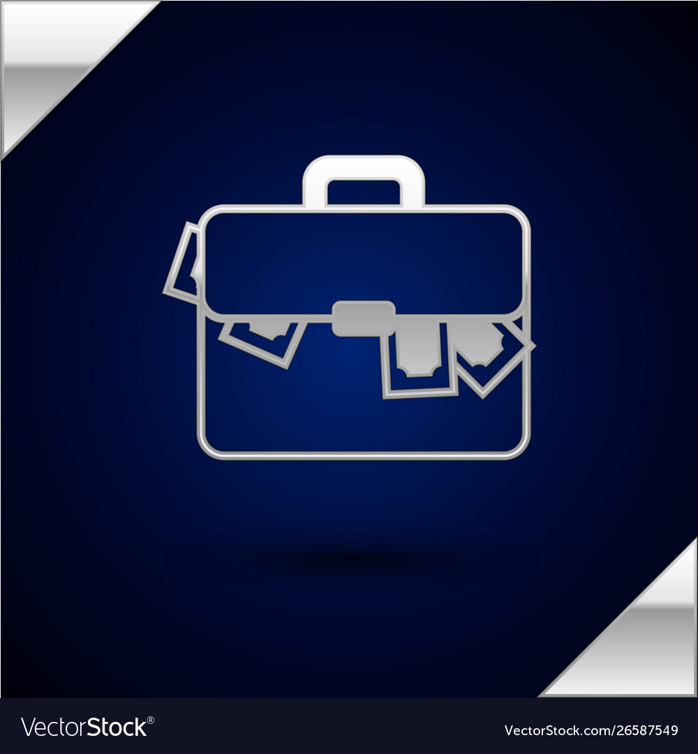 Silver briefcase and money icon isolated on dark