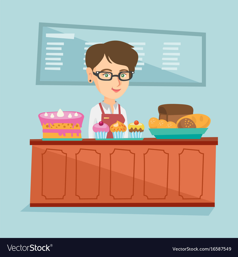 Worker standing behind the counter in bakery