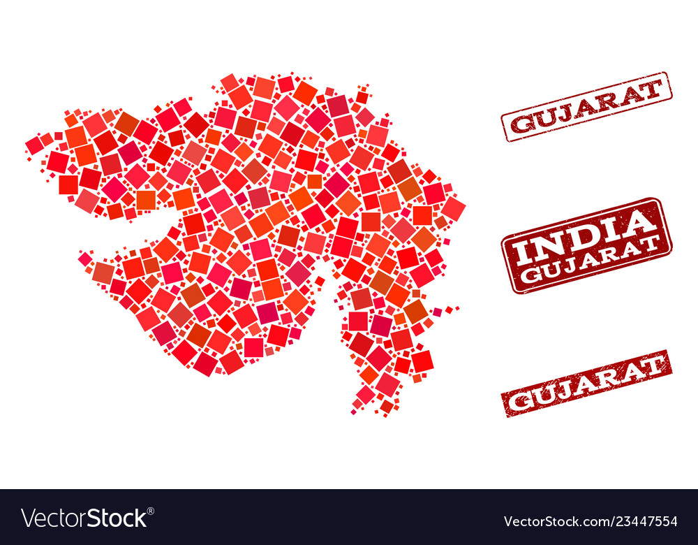 Collage of red mosaic map gujarat state Royalty Free Vector