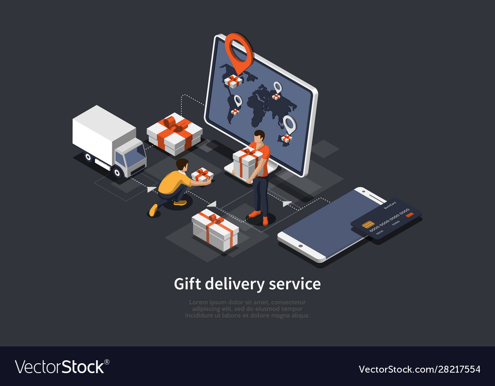 Isometrische Geschenke kostenloser Lieferdienst für online vector image Isometrische Geschenke kostenloser Lieferdienst für online