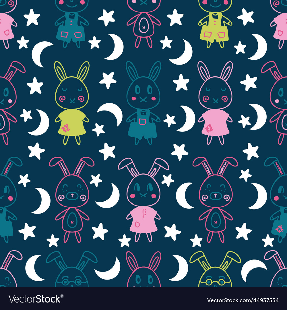 Nignt seamless pattern with rabbits stars vector image Nignt seamless pattern with rabbits stars