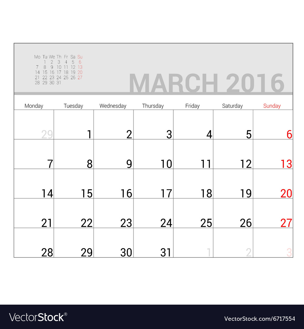 Planners for 2016 march Royalty Free Vector Image