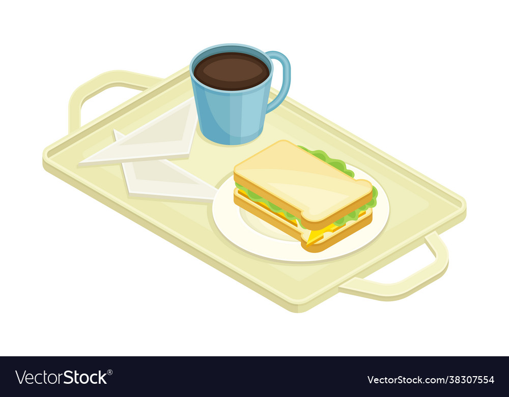 Tray mit Sandwich und Kaffee vom Lebensmittelgericht