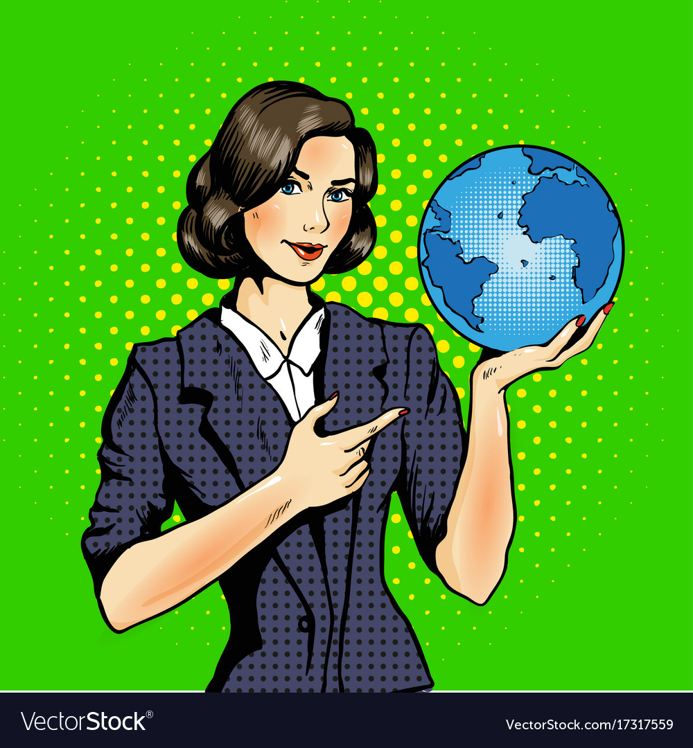 Cartoon of a woman holding globe pop art comic