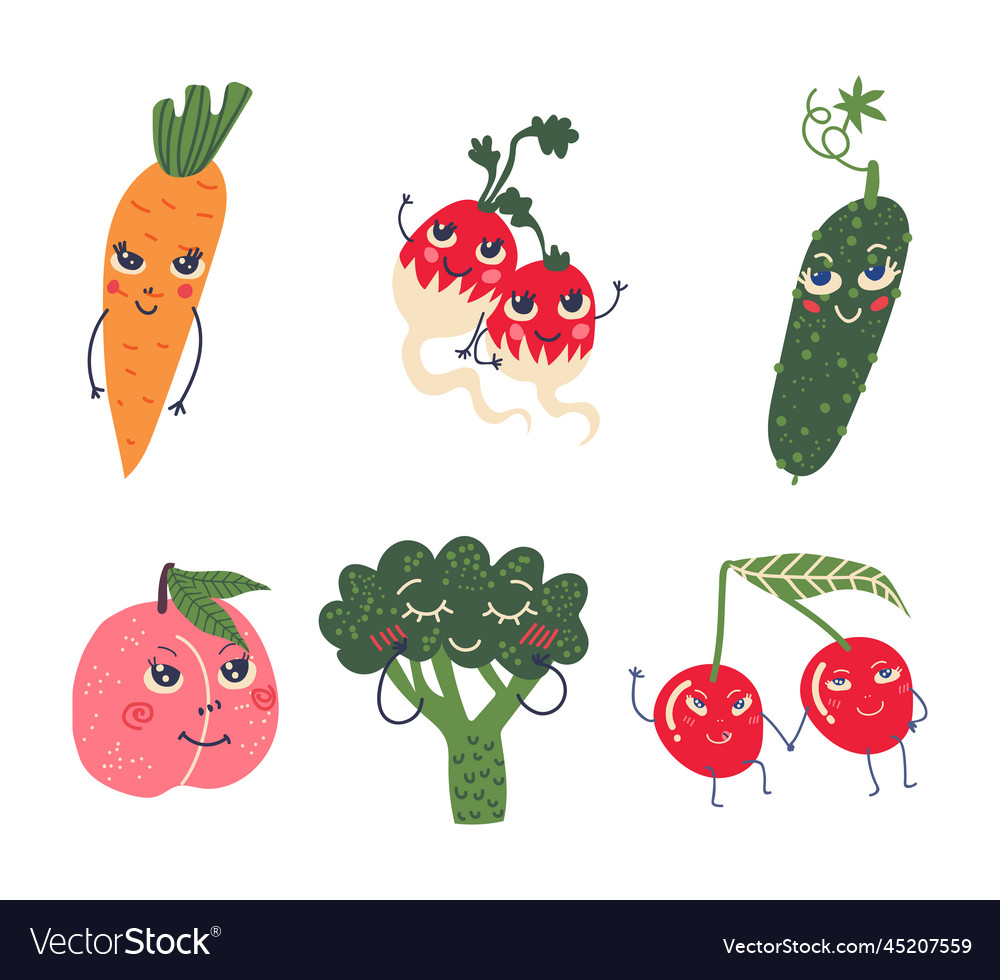 Cute cartoon smiling fruit and vegetable character