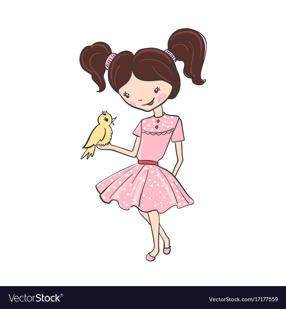 Cute hand drawn girl with bird