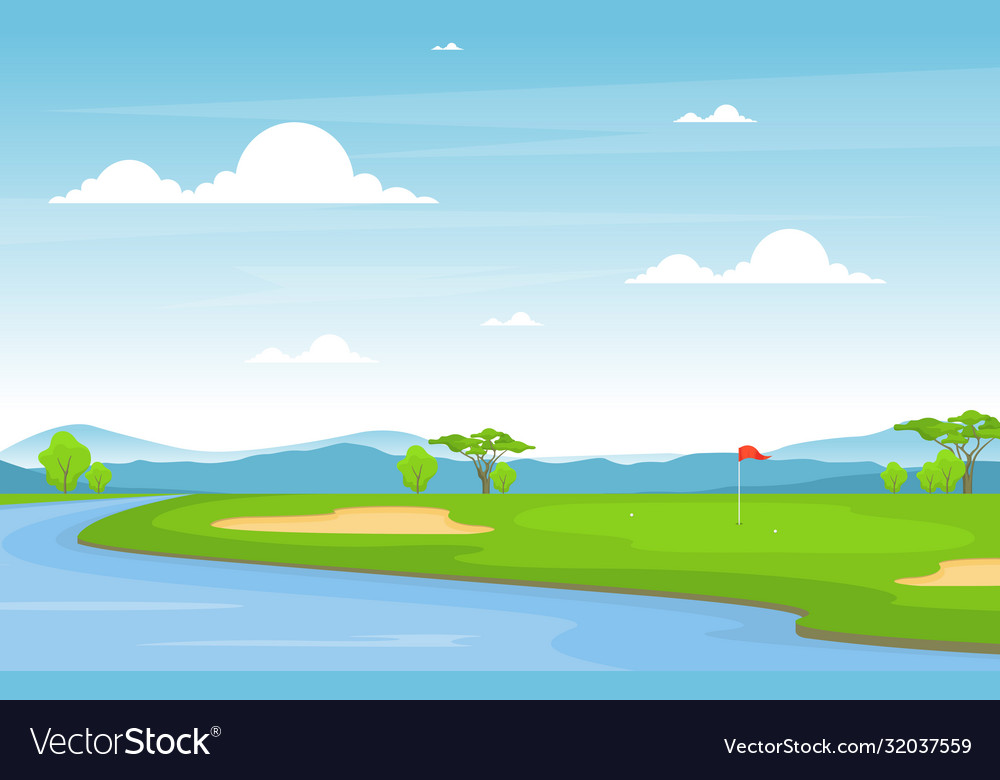 Golf field flag pond grass tree outdoor sport vector image Golf field flag pond grass tree outdoor sport