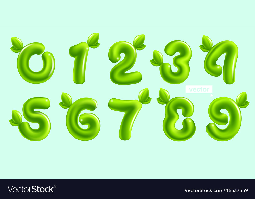 Numbers set eco signs with green leaves 3d vector image Numbers set eco signs with green leaves 3d