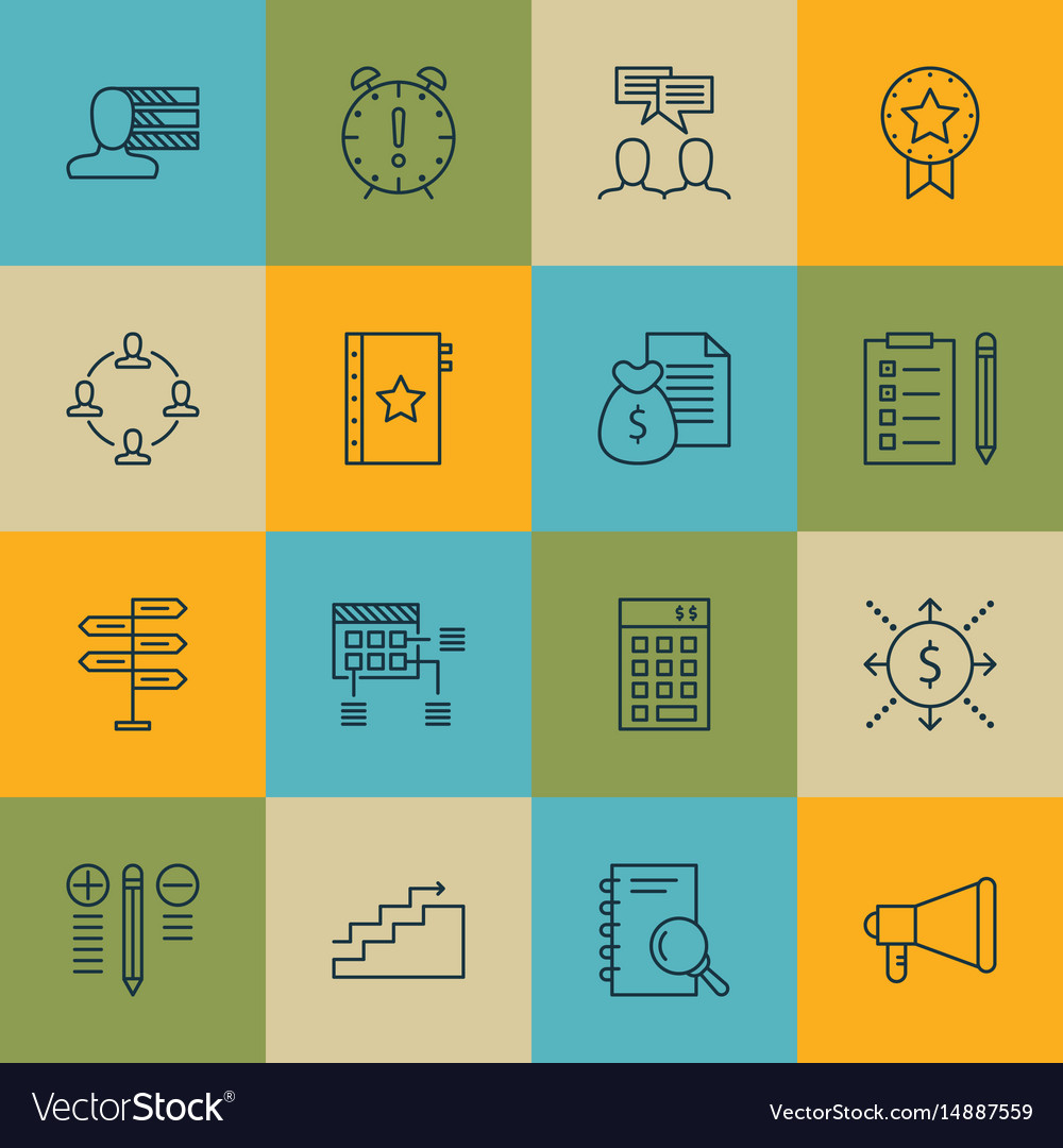 Set of 16 project management icons includes