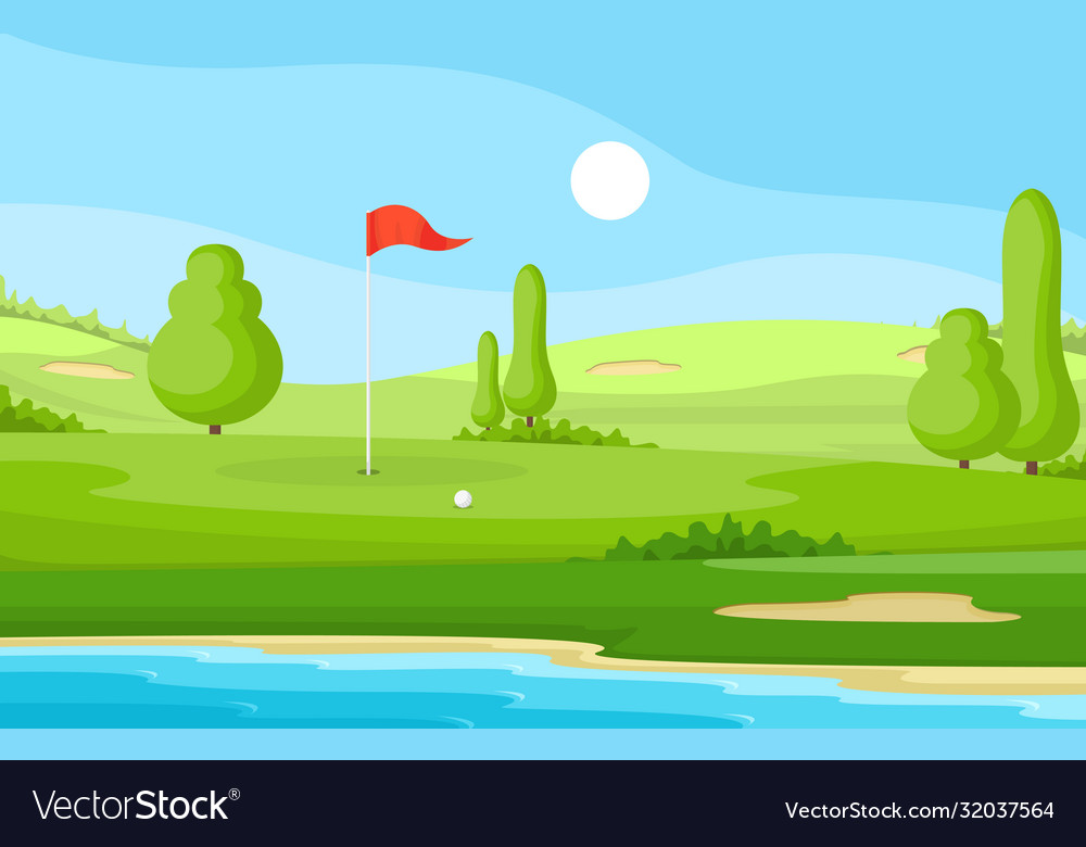 Golf field flag pond grass tree outdoor sport vector image Golf field flag pond grass tree outdoor sport