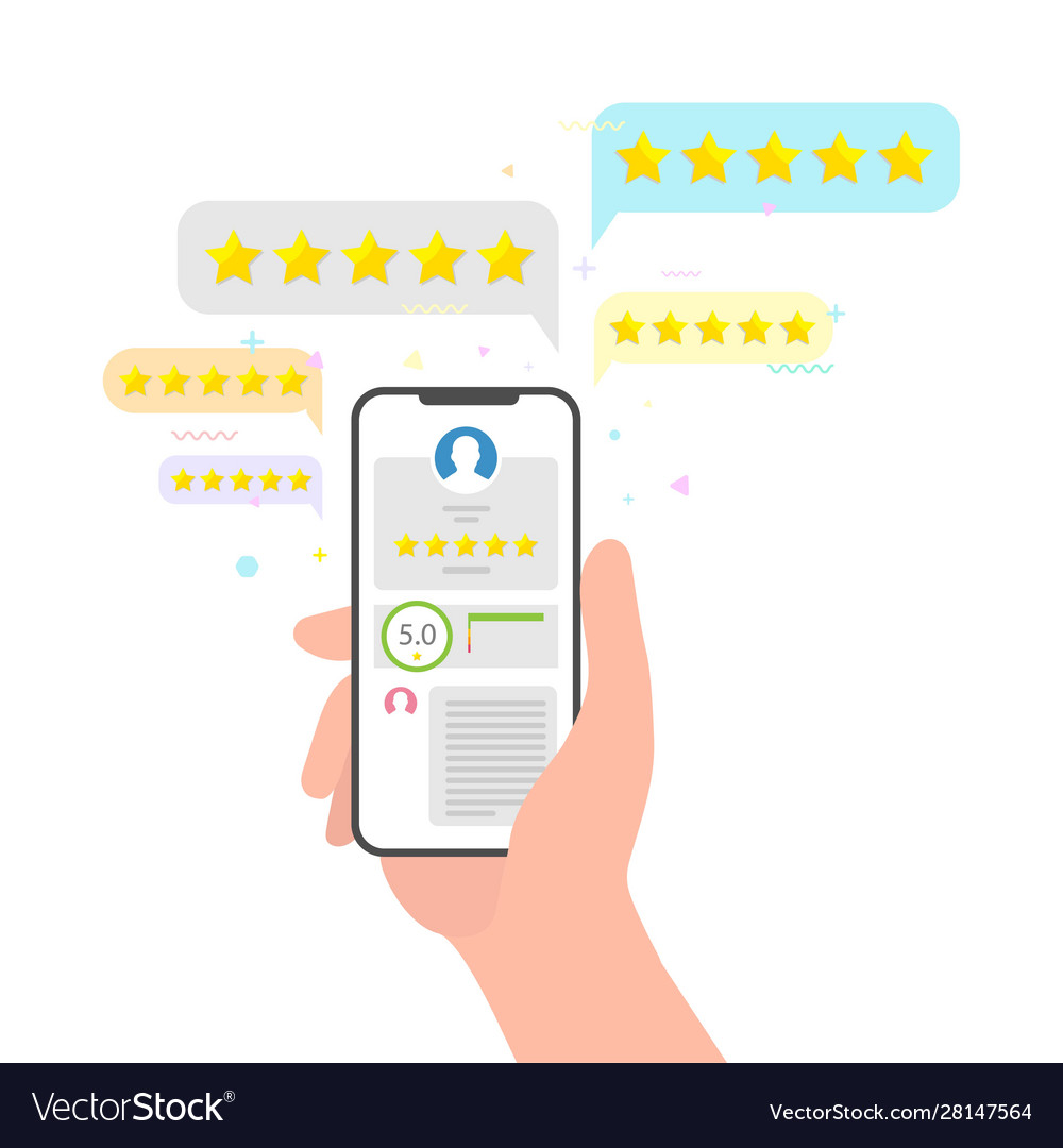 Hand holding phone and stars rating feedback vector image Hand holding phone and stars rating feedback