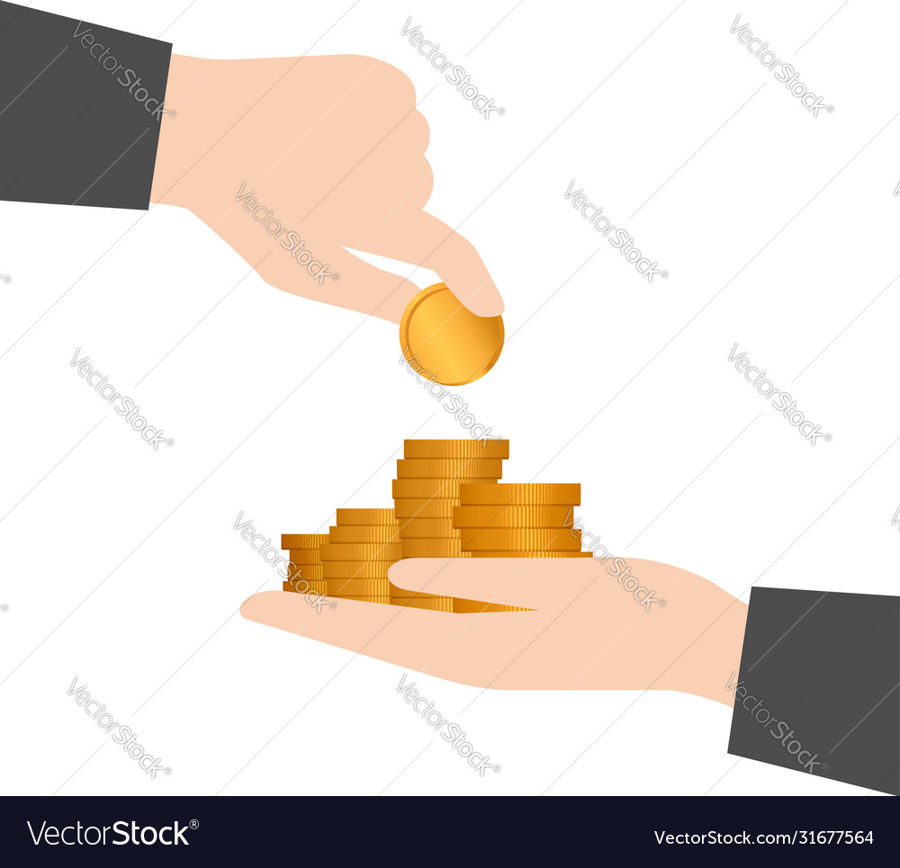 Hand with coin and hands coins stack