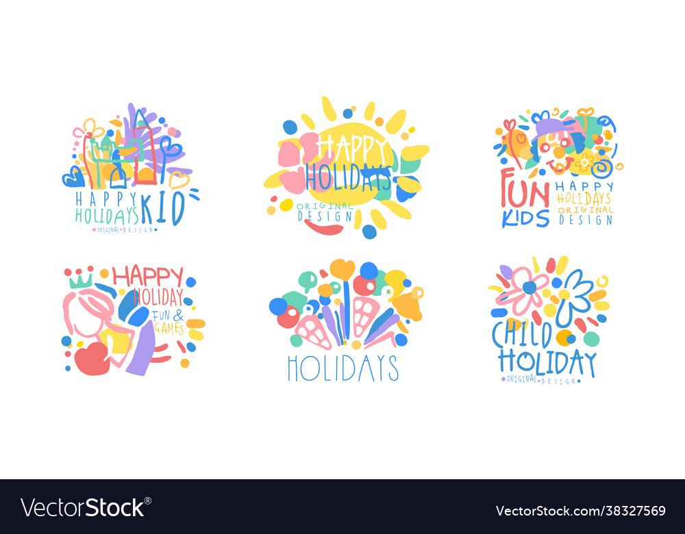 Fun kids happy holidays logo design set child vector image Fun kids happy holidays logo design set child