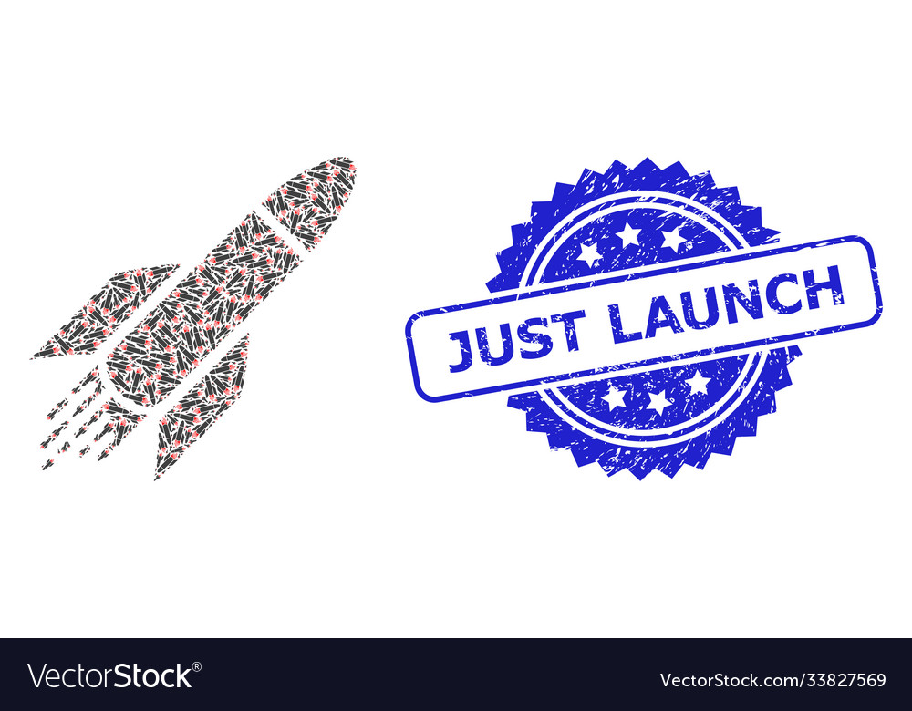 Rubber just launch seal and recursive rocket icon vector image Rubber just launch seal and recursive rocket icon