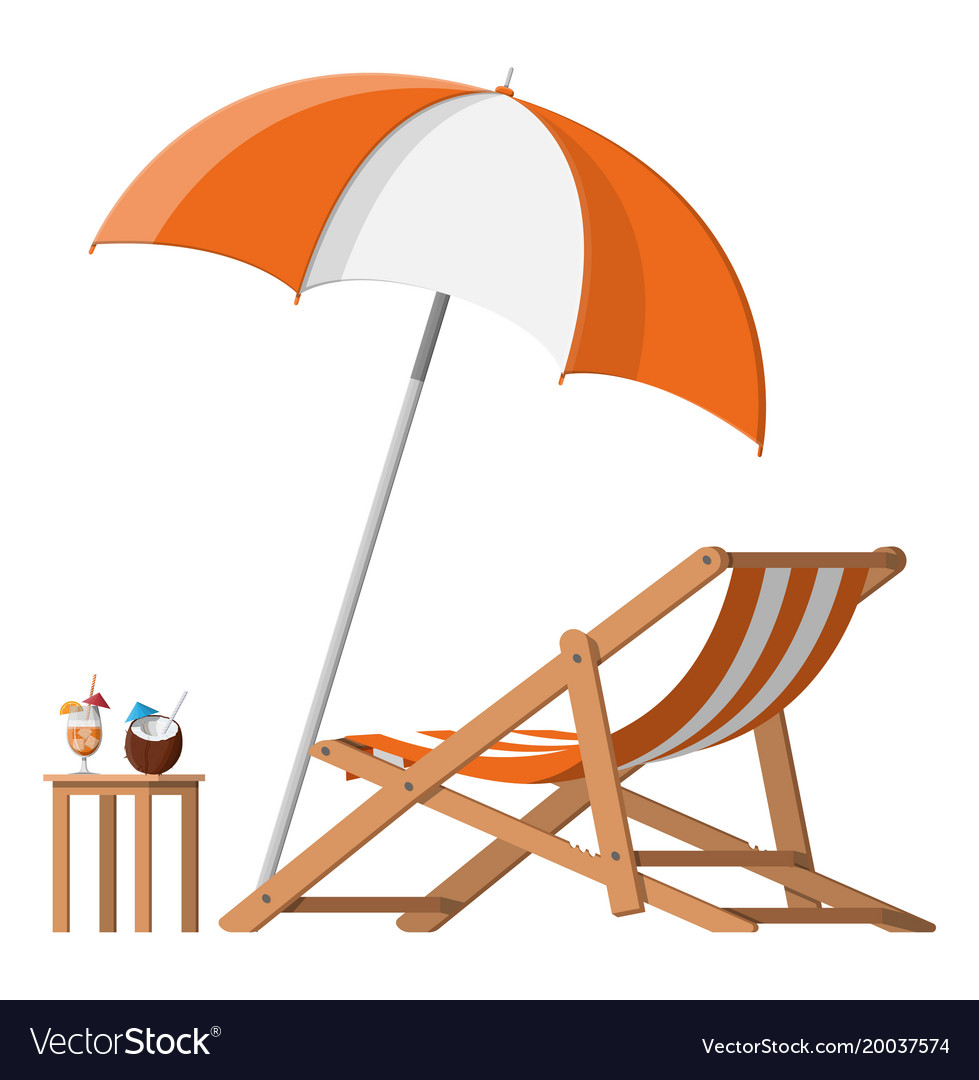 Wooden Sun Lounger mit Regenschirm und Cocktail