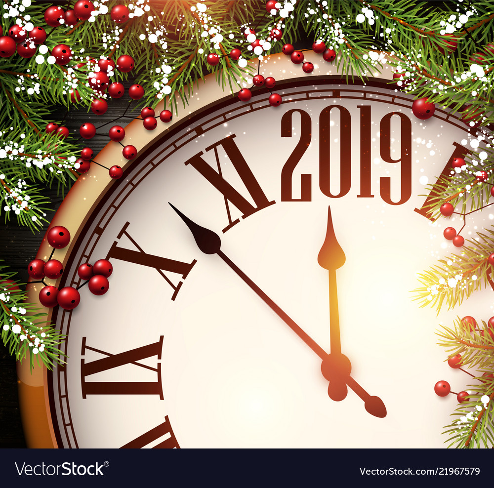 2019 new year background with clock and fir