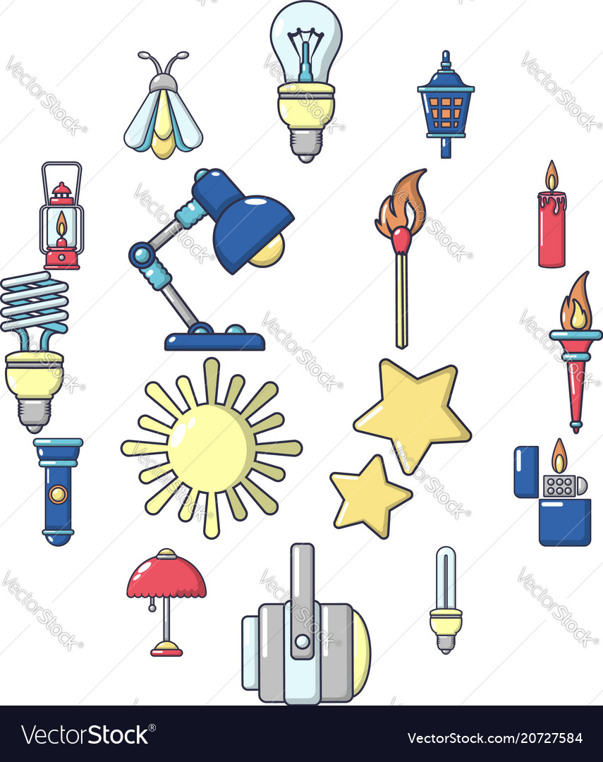 Light source icons set cartoon style Royalty Free Vector