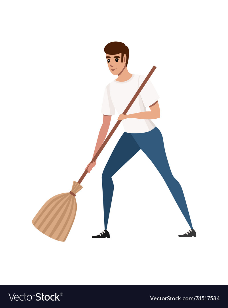 man-sweeping-floor-with-classic-broom-cartoon-vector-image