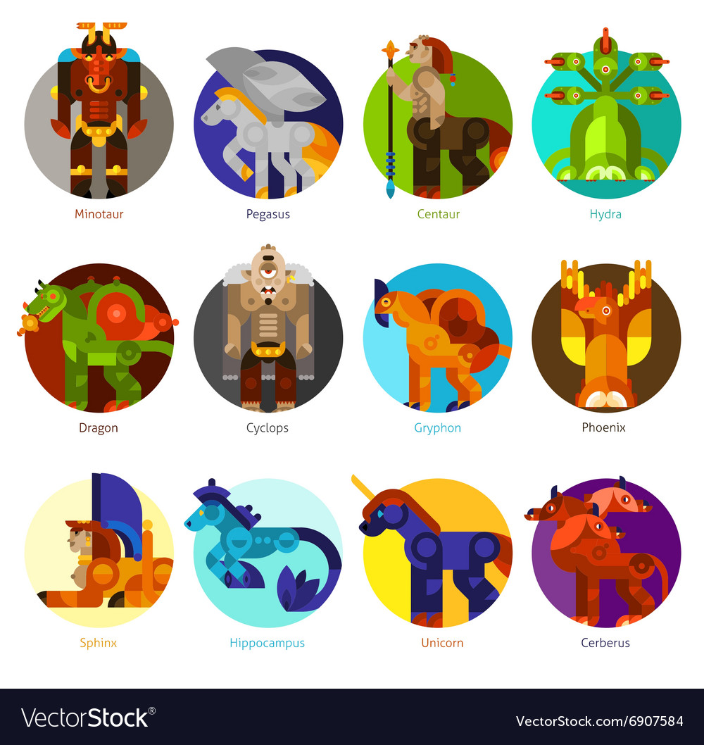 Mythical creatures icons set