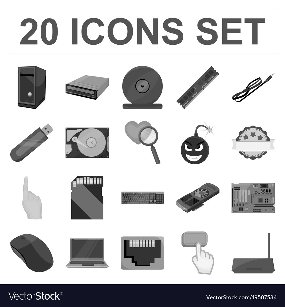 Personal computer monochrome icons in set