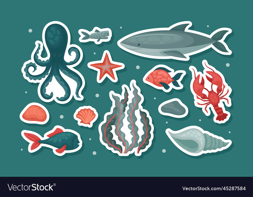 Sea and ocean underwater animals stickers set