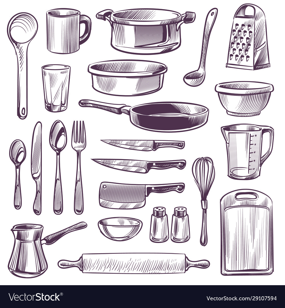 Kitchen and cooking utensils sketches Royalty Free Vector