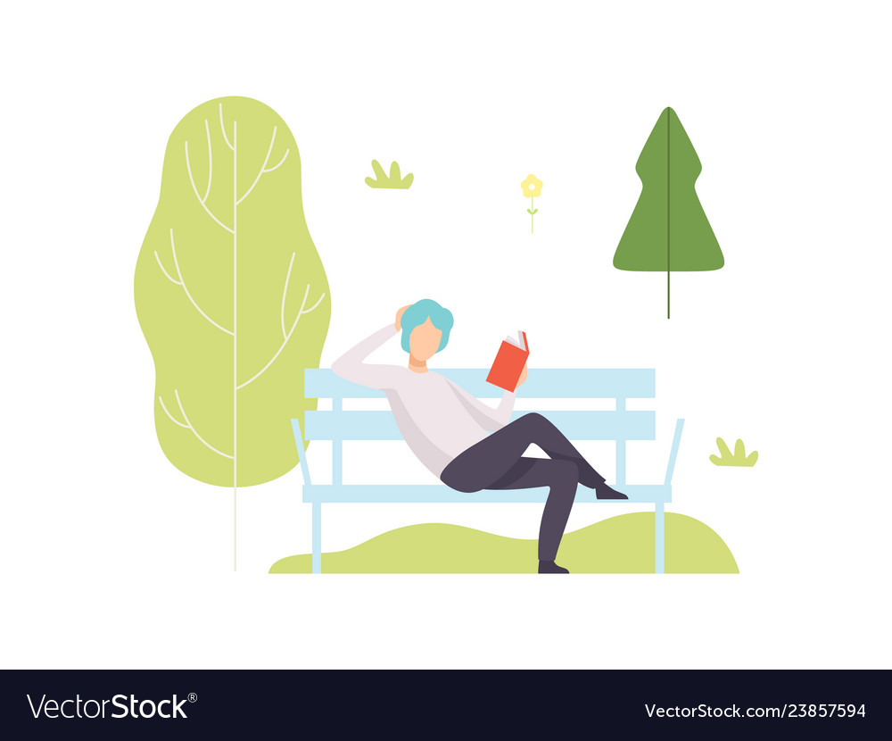 Young man sitting on bench and reading book Vector Image